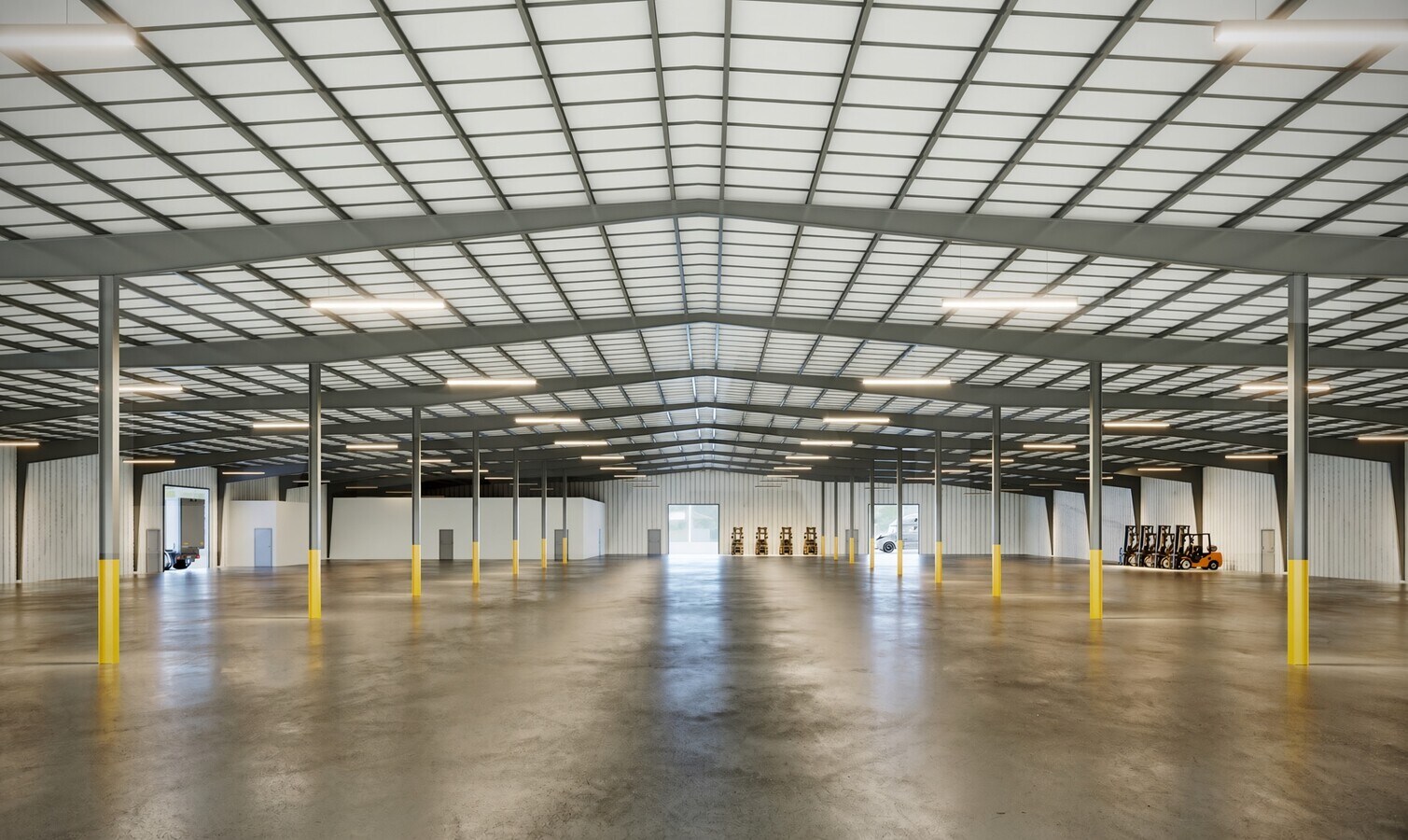 Warehouse interior across the ±50′ column bays — 198 Lock Road, Deerfield Beach, FL